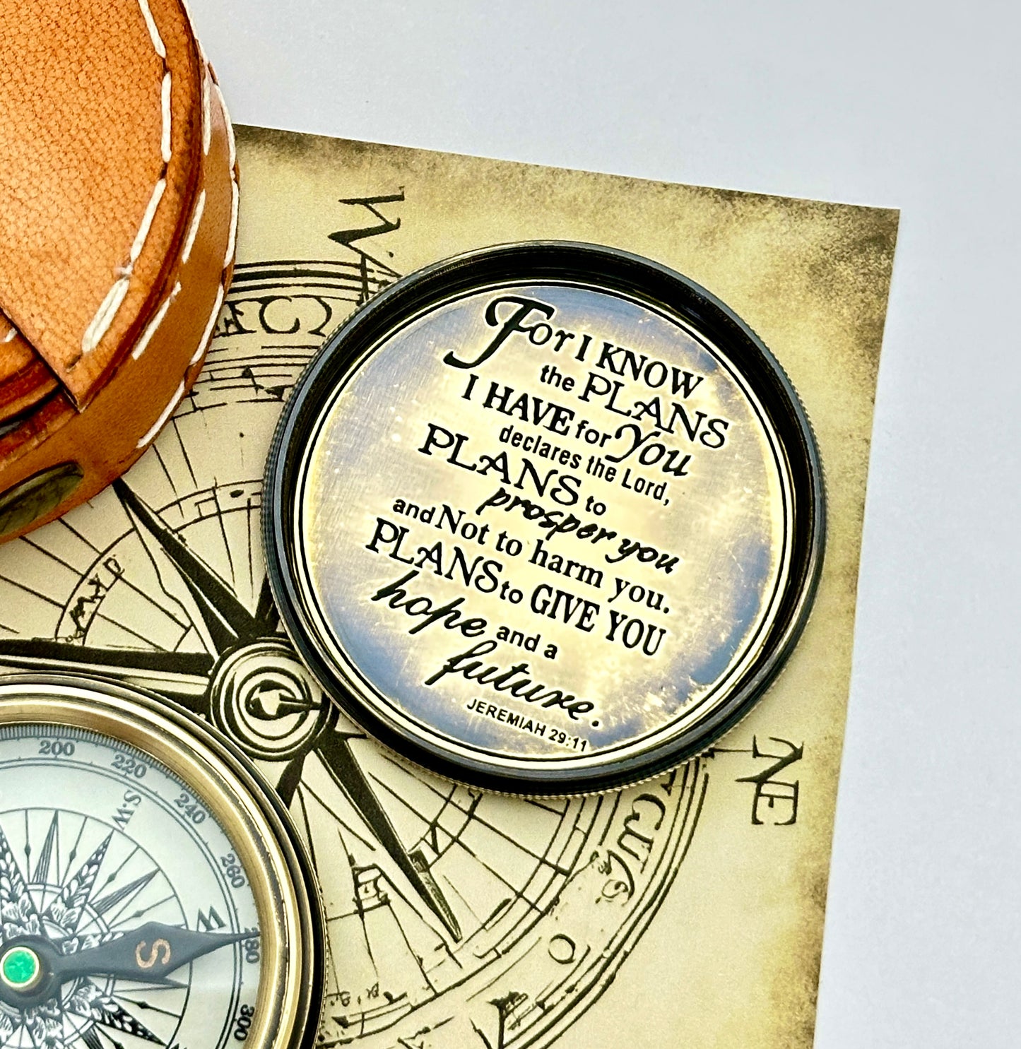 Faith-Based Brass Pocket Compass | Engraved Jeremiah 29:11 Inspirational Gift for Men