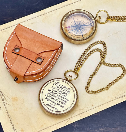 Faith-Based Brass Pocket Compass | Engraved Jeremiah 29:11 Inspirational Gift for Men