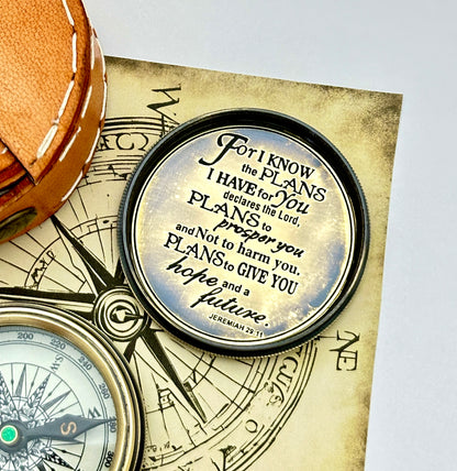 Faith-Based Brass Pocket Compass | Engraved Jeremiah 29:11 Inspirational Gift for Men