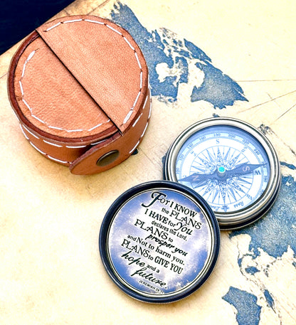 Faith-Based Brass Pocket Compass | Engraved Jeremiah 29:11 Inspirational Gift for Men