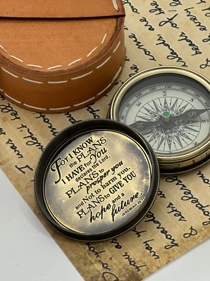 Faith-Based Brass Pocket Compass | Engraved Jeremiah 29:11 Inspirational Gift for Men