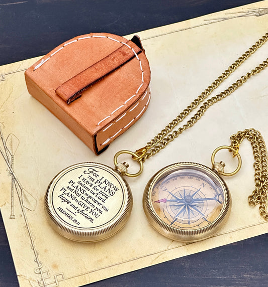 Faith-Based Brass Pocket Compass | Engraved Jeremiah 29:11 Inspirational Gift for Men